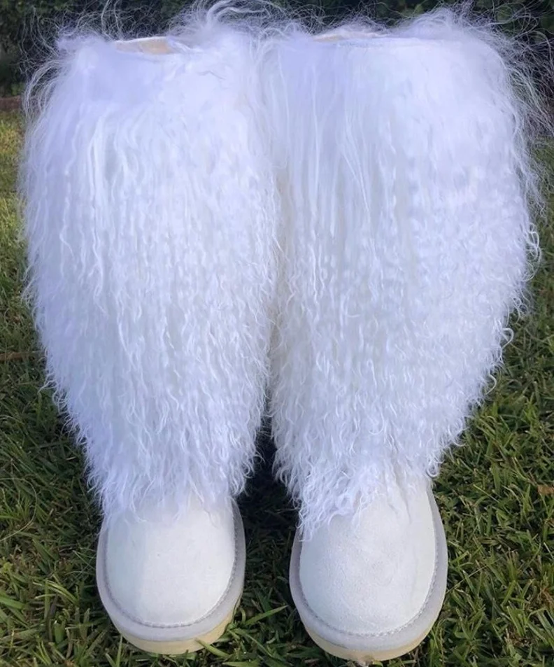 2021 Stylish Furry Factory Direct Wholesale Furry Boots Shoes Women Real Mongolian Curly Lamb fur snow boot with sheep skin