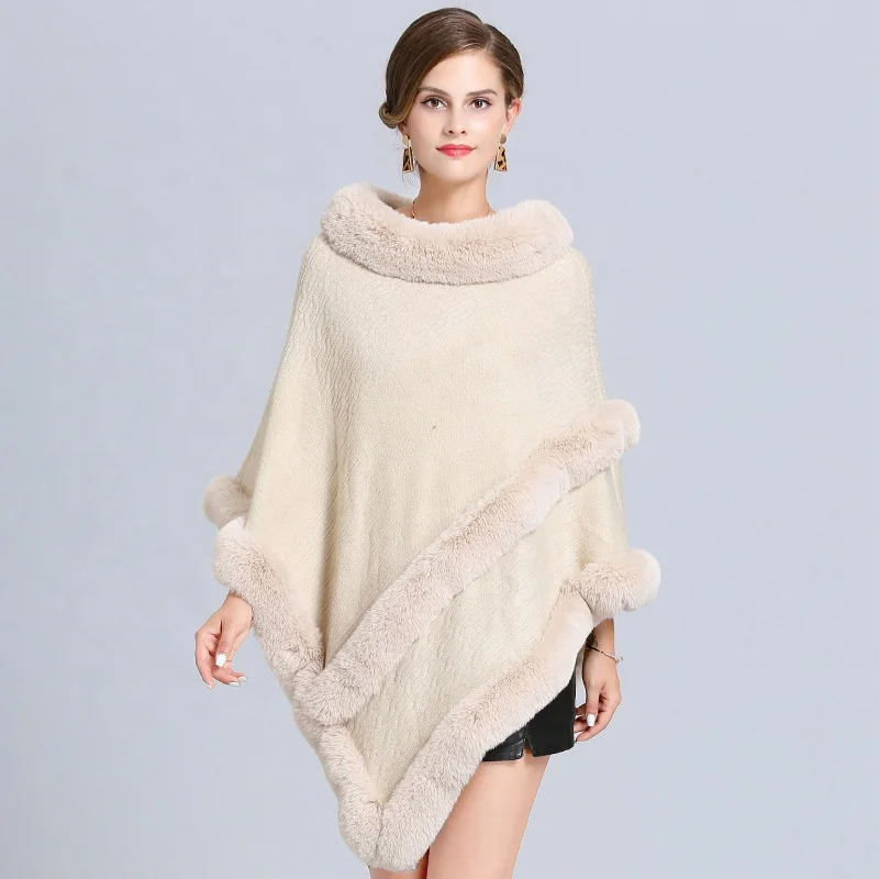 
2021 Winter Faux Fox Fur Out Street Solid Poncho Knitted Triangle Fur Sweater Plus Size Pullover Winter Poncho For Women Cape 