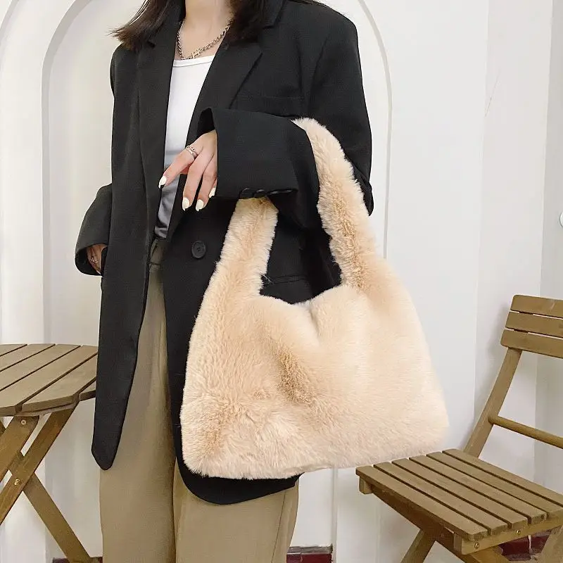 Winter New Products Women Fluffy Shoulder Bag Plush Faux Fur Soft WarmTote Handbag