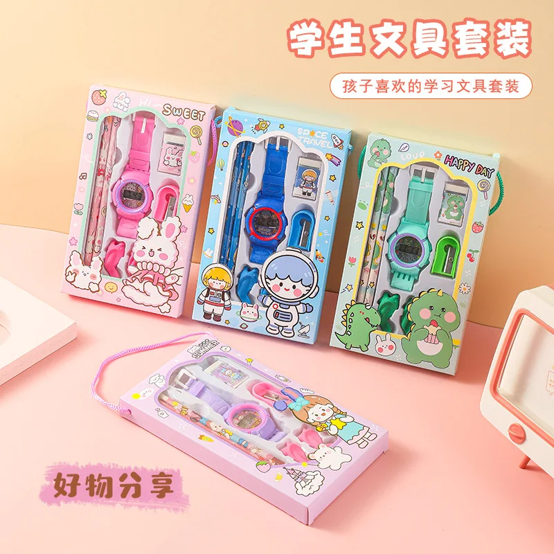 Wholesale School gift cartoon electronic watch Stationery Gift Box Stationery Set Mini Gift With Watch