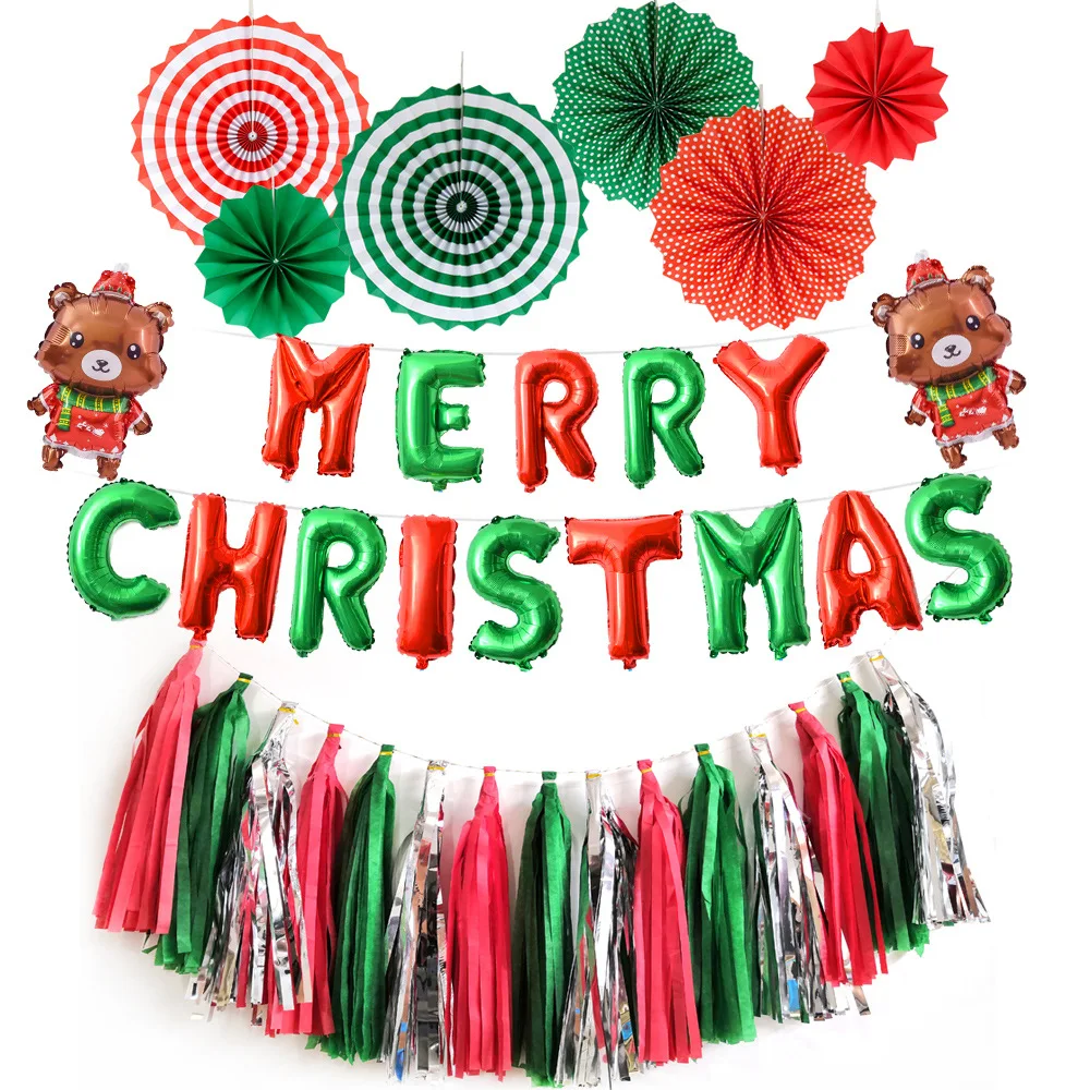Wholesale Christmas Party Supplies Red Green Paper Fan Flower Merry Christmas Letter Balloon Tassel Set