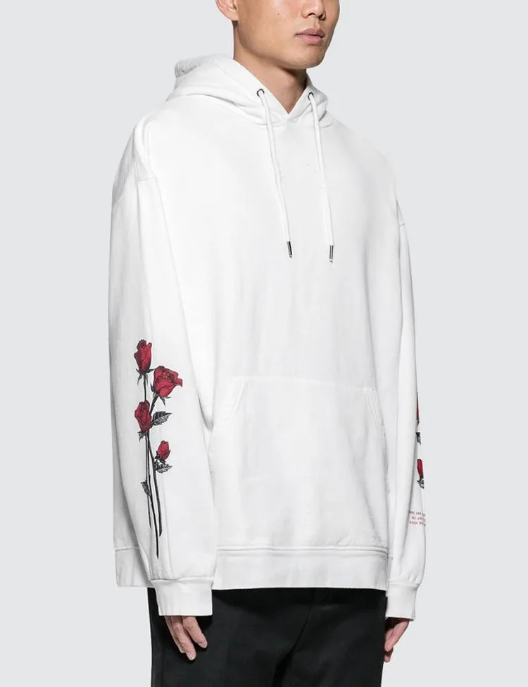 Custom Fashion Casual Mens Heavy Hoodie High Quality 100% Cotton Rose Flower Embroidery Plain White Hoodies