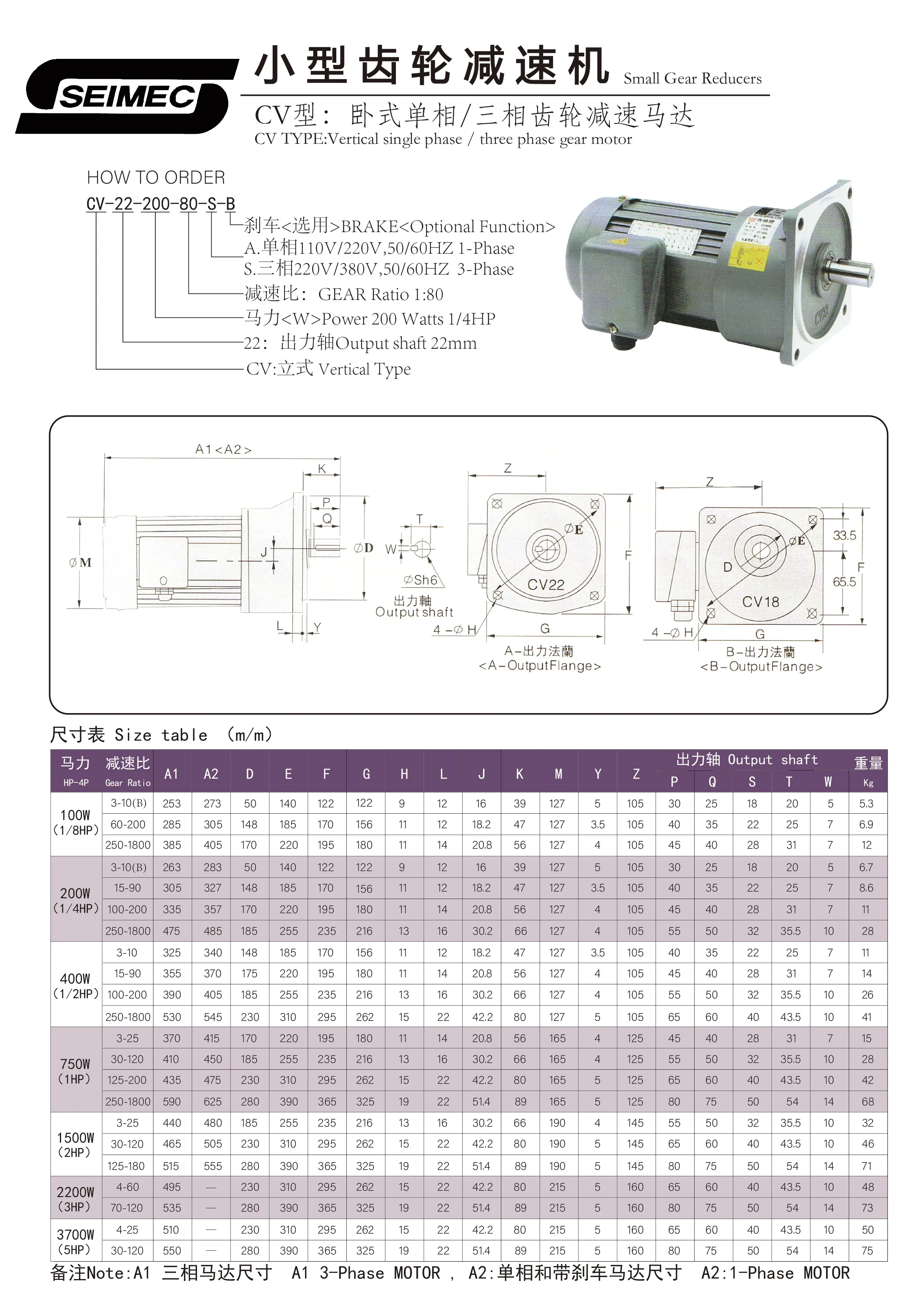 Standard CV22-200-10S 220V 380V three phase AC motor with gearbox High-quality