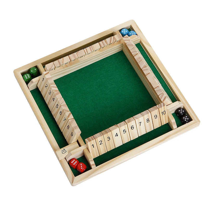 High quality Wooden Classroom 4-Way 1- 10 Numbers 4 Player Shut The Box Board Game With 2 Mini Wood Dices
