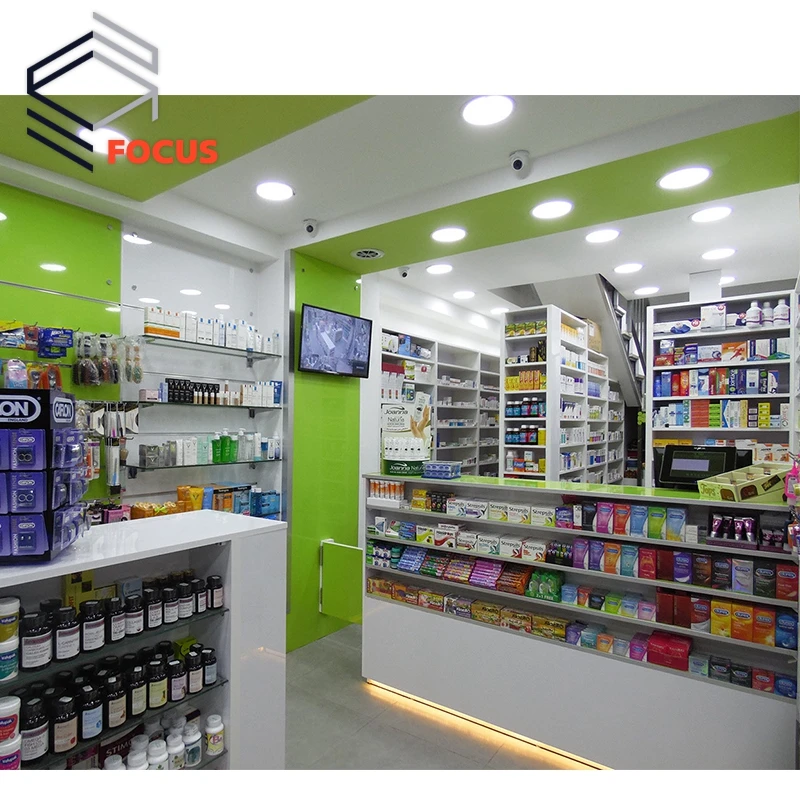 2023 Retail Pharmacy Store Display Racks Furniture Wooden Pharmacy Shelves Medical Shop Interior Design