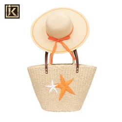 JAKIJAYI Brand SS20 Wholesale Ribbon Bow Summer Paper  Floppy  Ladies Straw Hat With Embroidery Starfish Straw Bag Set