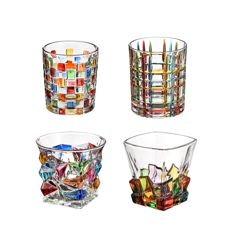 Factory Italian style hand painted lines woven crystal glass whisky cup irregular shape colorful stripe glass