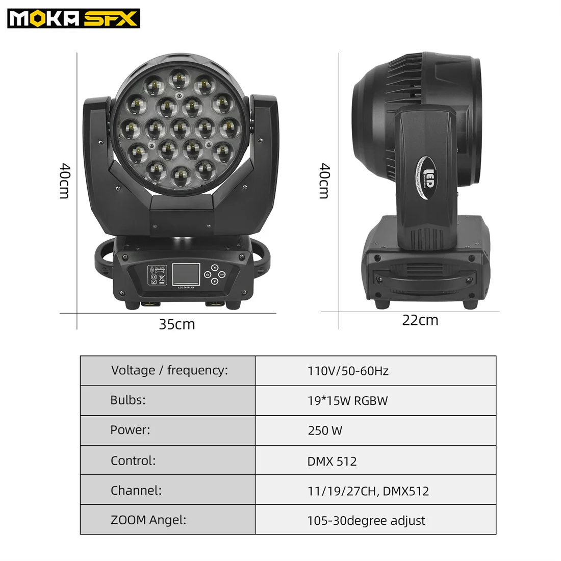 Moka sfx 19*15w Zoom Wash Moving Head Dj Stage Light Led Wash Beam Zoom High Speed Strobe Moving Head Lights