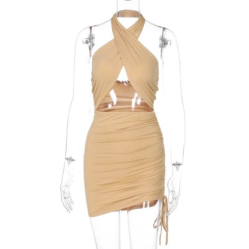 
Summer 2021 Sexy Solid Color Drawstring Pleated Cross Halter Neck Bodycon Mini Dress For Women 