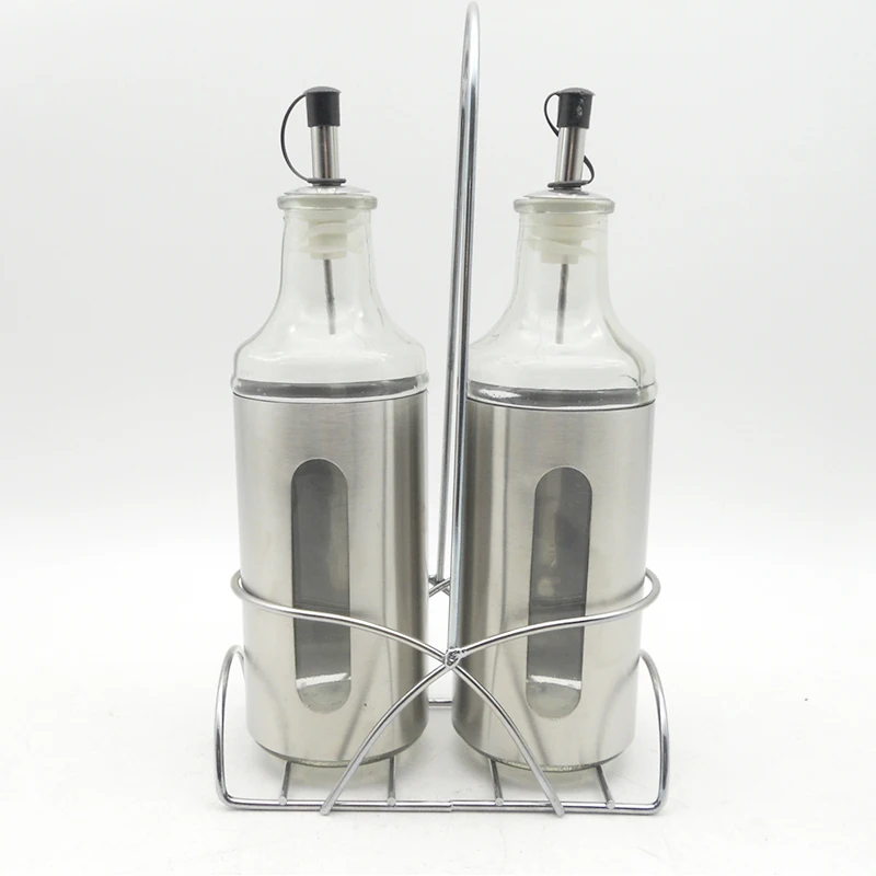 4pcs glass spice set with metal rack glass salt pepper oil and vinegar condiment cruet set with stainless steel lid cover