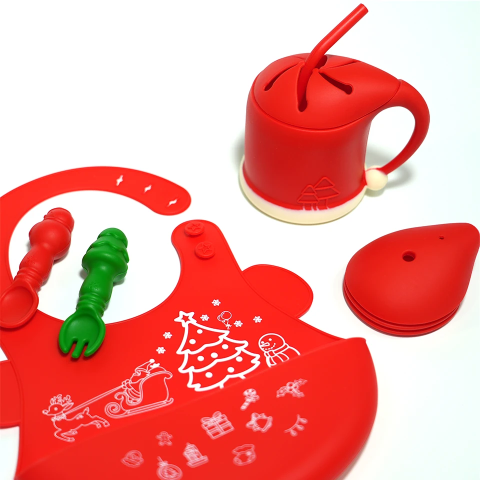 Christmas Gift BBPA-Free Waterproof Silicone Baby  product Toddler Teething Feeding Bibs Pacifier with Handle for Newborns