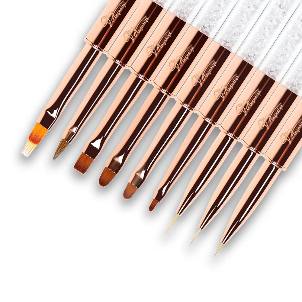 ANGNYA 2023 Private Label Metal Handle Nail Liner Brush Rhinestone Rose Gold Flat Nail Acrylic Brush Gel Brush