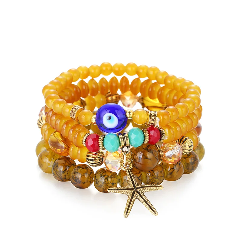 4Pcs/set Women Girl Elastic Starfish Evil Eyes Beads Bracelets Bohemian Ocean Style Resin Natural Stone