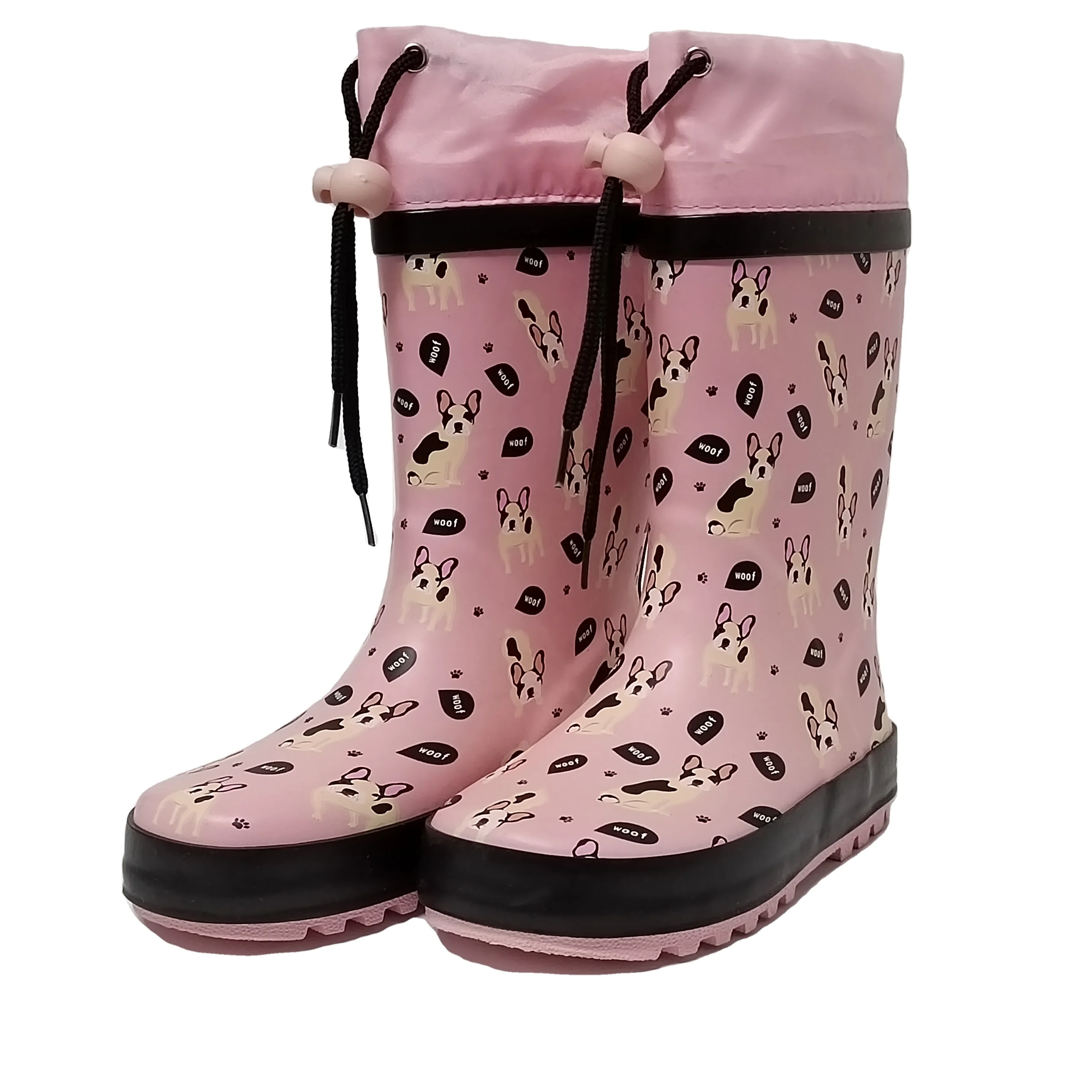 animal printed pink lining oxford fabric collar waterproof rubber rain boots for children