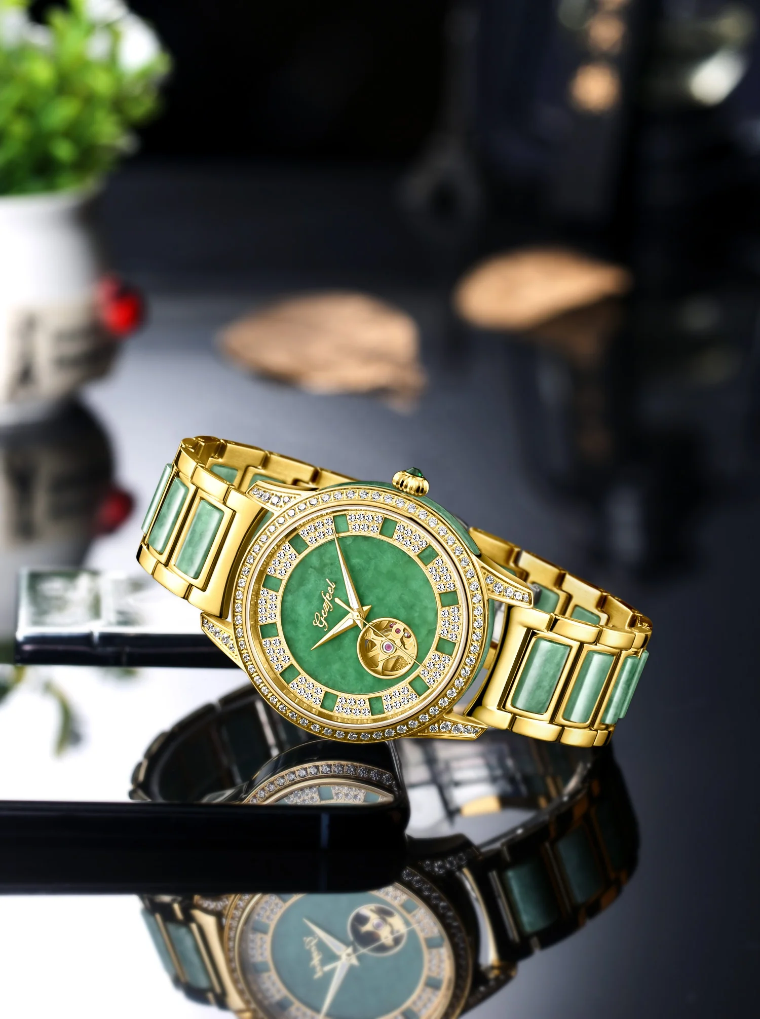 RTS Stainless Steel With Jade Wrist Watch Japan Movement Mechanical Watches for Women and Men
