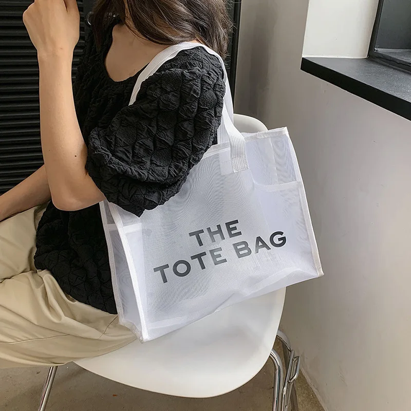 Mesh Beach Bag Tote Bag for Women Foldable Swim Large Beach Tote Bag with Zipper Pockets Waterproof Sand-proof