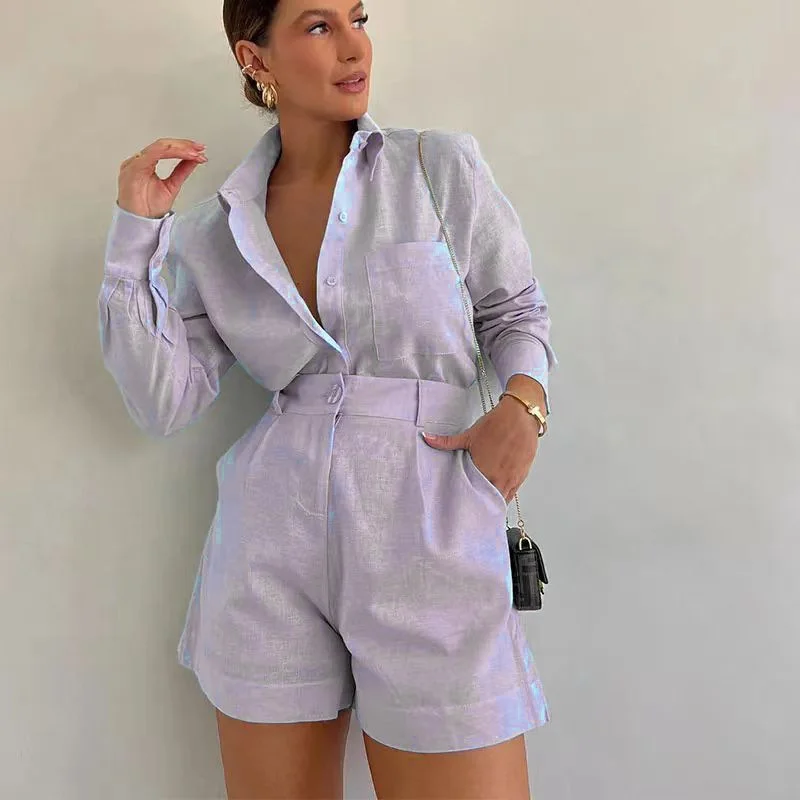 King Mcgreen star Women Clothing Outfits Set Casual Buttoned Up Front Solid Color Shirt Elastic Waist Wide Leg Shorts Sets