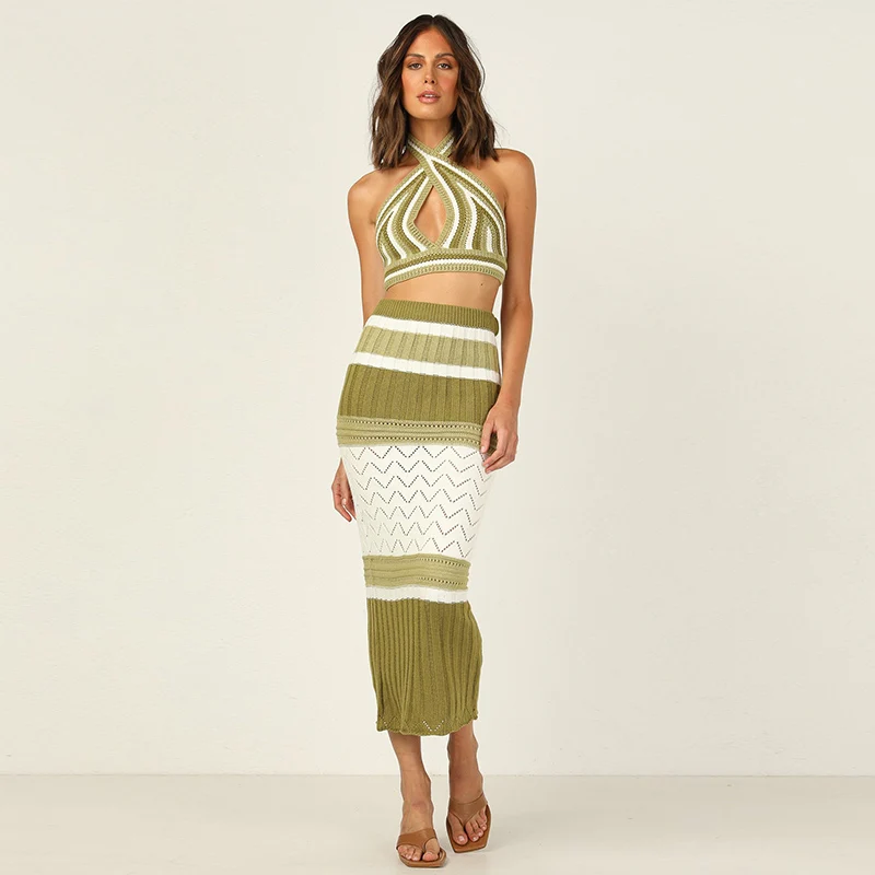 Summer Crochet Fabric Tie Open Back Cropped Halter Top and Pointelle Bodycon Midi Skirt 2 Piece Set