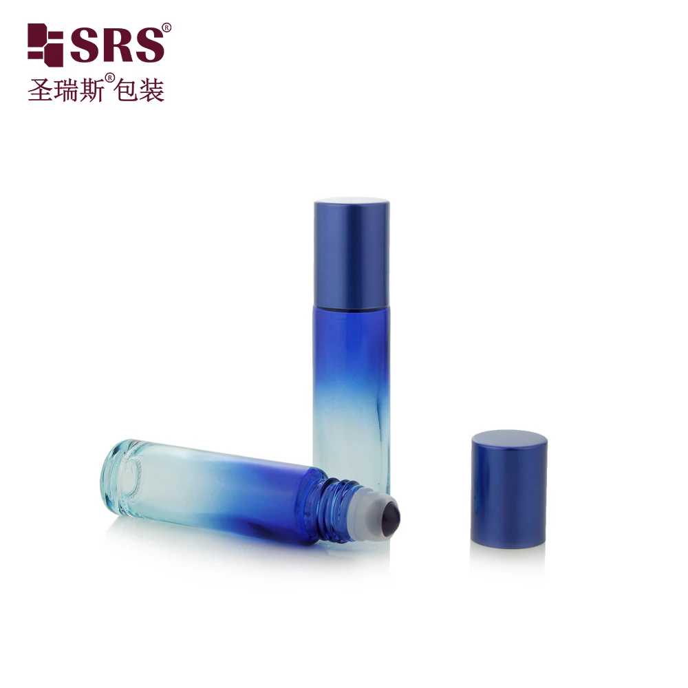 BLPM-10ML Empty Refillable Gradient Sky Blue Colored Glass Vial Roller Bottle with Steel Roller Bead Same Color Cap Set for Oil