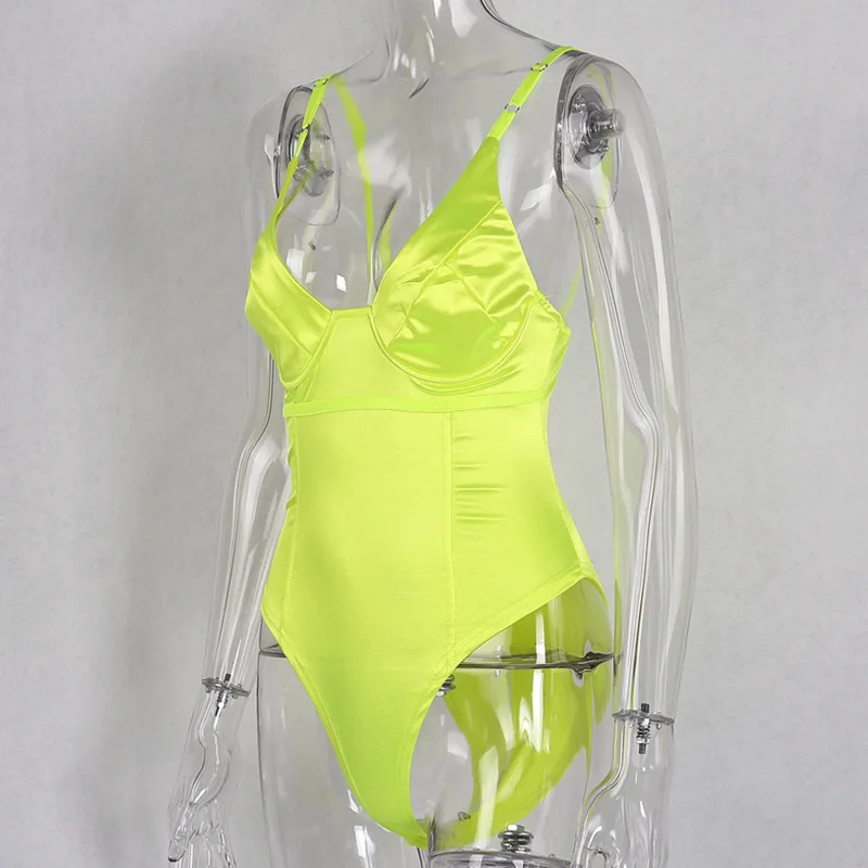 CA80168 manufacturers sexy one piece deep cut neon bodysuit for women apparel 2019