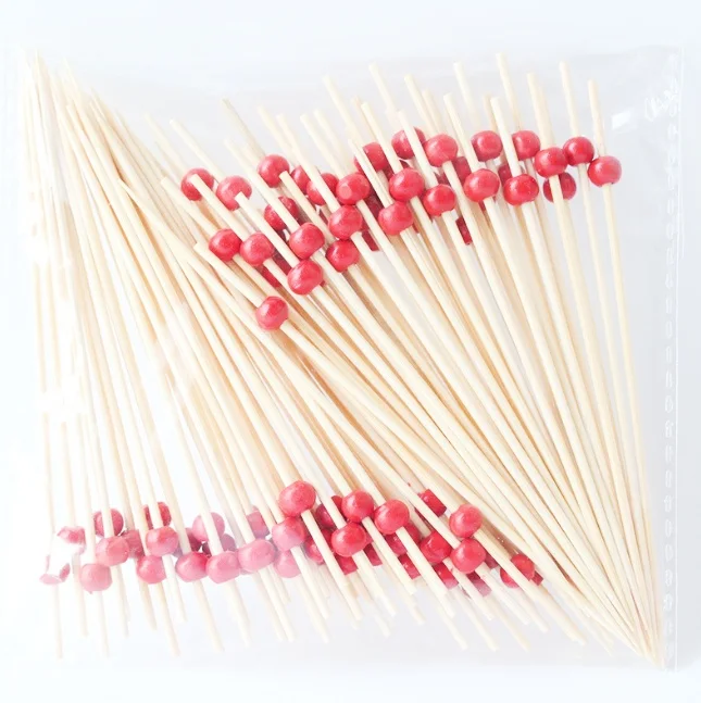 12CM Length Little Red Beige Beads Disposable Bamboo Mini Fruit Sticks