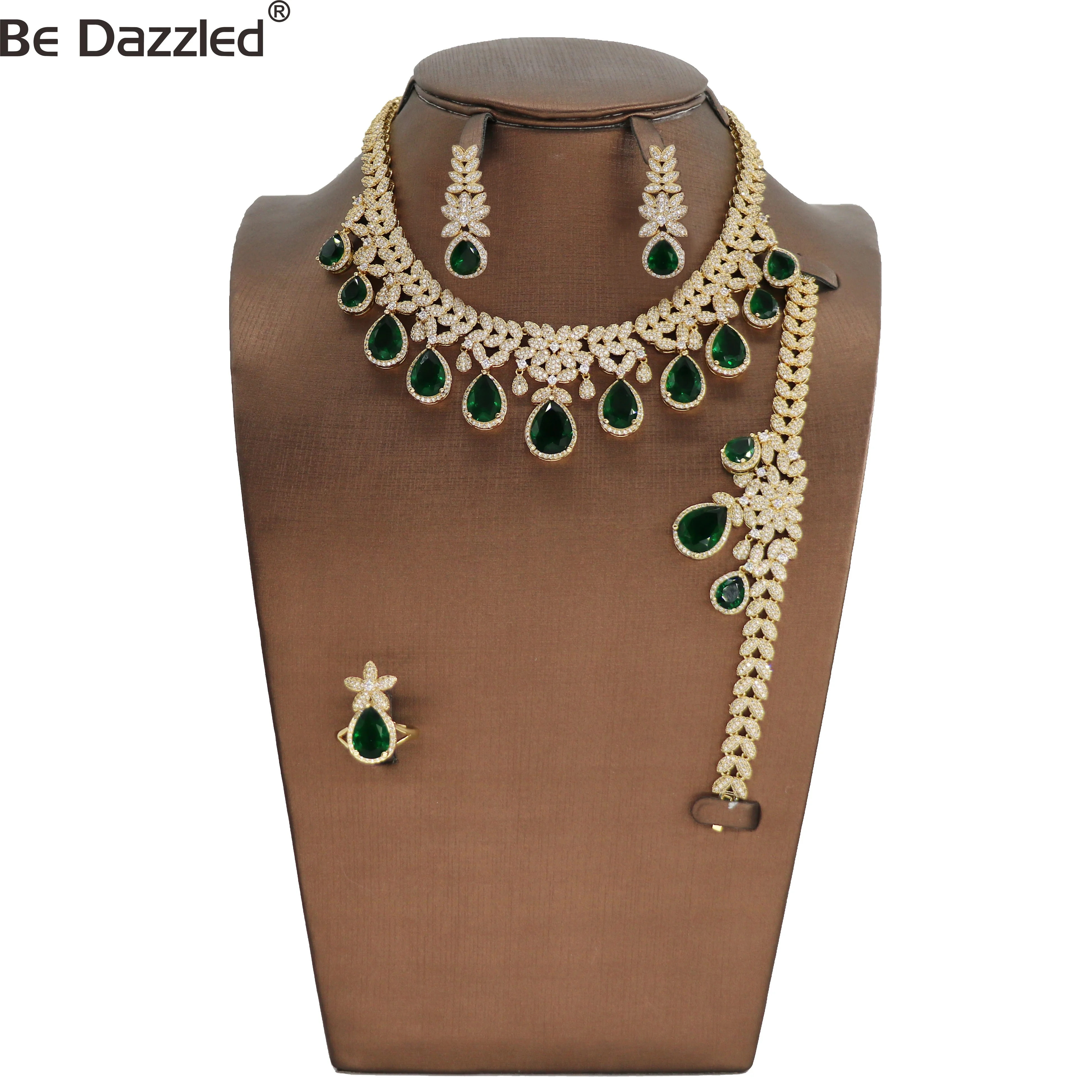 Jewelry Set Luxury Vintage High Quality Women Wedding Party Gorgeous 24k Gold Green Stone Earring Necklace Bracelet Ring Set