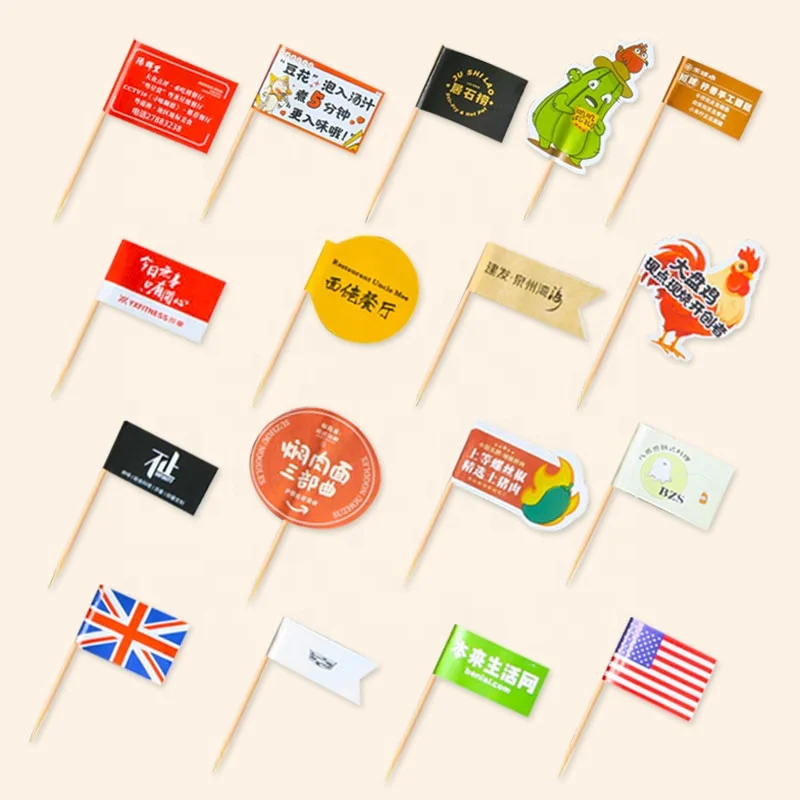 Custom logo flag toothpicks party food wood toothpick flag wholesale burger hamburger sandwich cupcake toothpick with flags
