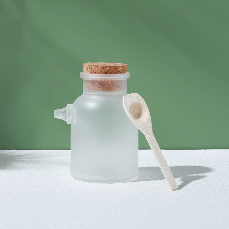 Empty cosmetic packaging big capacity 100ml 200ml 300ml round body scrub matte plastic bath salt bottle  with cork lid spoon