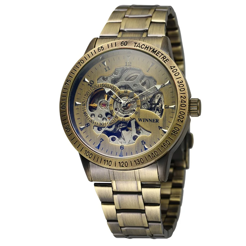 Wholesales Winner  SLZg74 Automatic Mechanical Watch Antique Bronze Stainless Steel Casual Men Waterproof WristWatches for gift