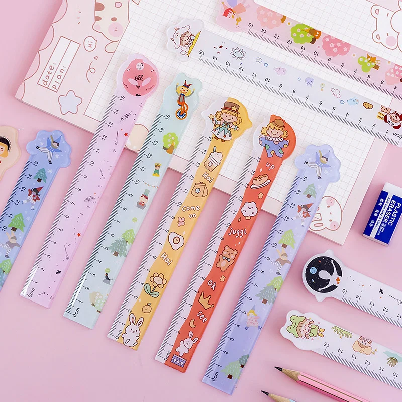 Student Kawaii Colorful Digital Flat Scale Ruler Cute 15cm Acrylic Plastic Bookmark Straight Rulers For School Girl In Bulk 2024