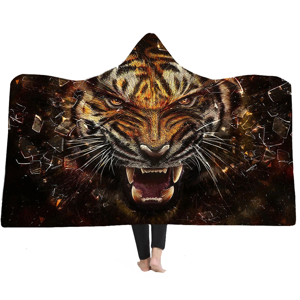 Fashion sherpa fleece fabric cool tiger printed hooded blanket for guys