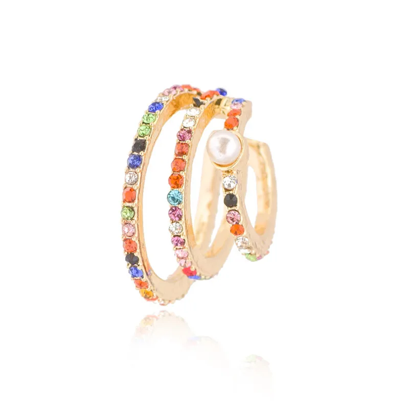 Non Piercing Rainbow Colorful Diamond Multi C Pearl Clip on Earring Ear Bones Cuff Earrings For Girls Women