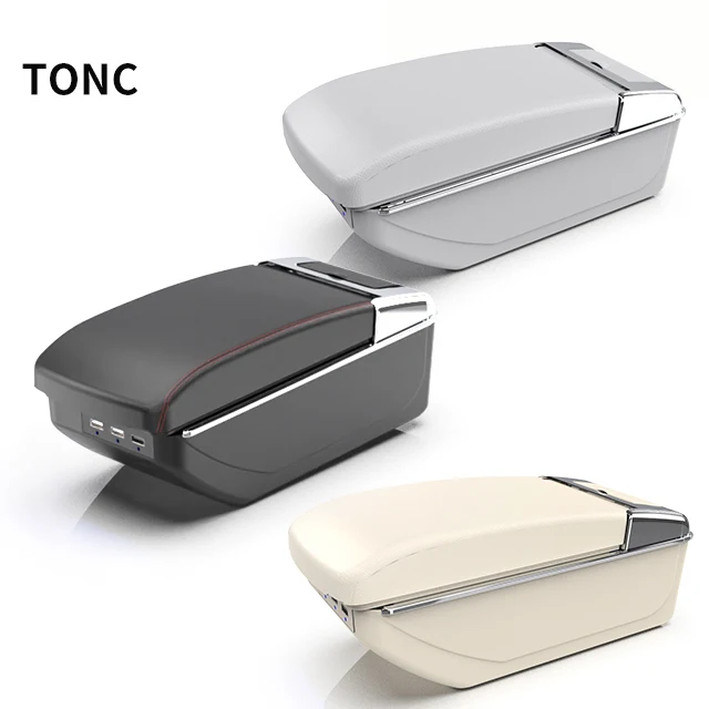 TONC Black Red Line Leather Armrest Car Interior Accessories Center Armrest Storage Box For PROTON Wira
