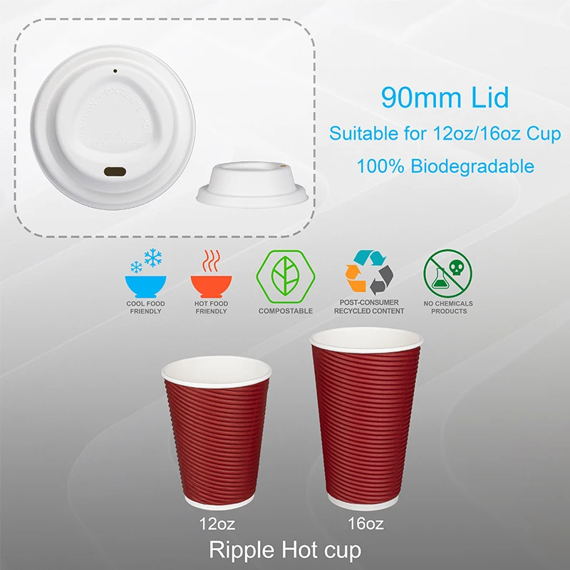 90mm Sugarcane Bagasse Dome Lid Eco Friendly Disposable Coffee Cups Lids Take Away Packaging Paper Cup Lid Cover