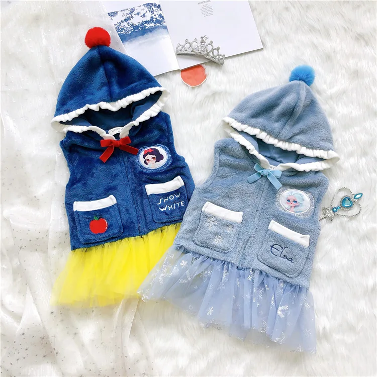 CT-037 Beautiful cute baby girls princess print faux fur hooded vext boutique children warm sleeveless winter vest designs