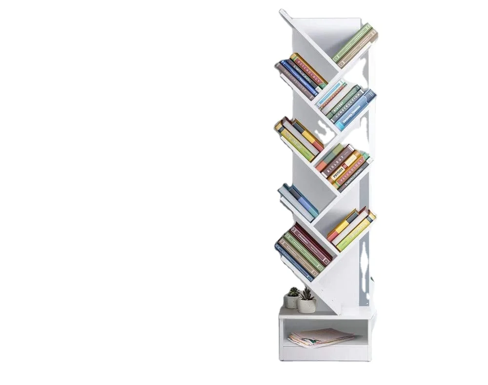 9 Tier Tree Bookshelf Wooden Bookcase CD DVD Storage Rack, White