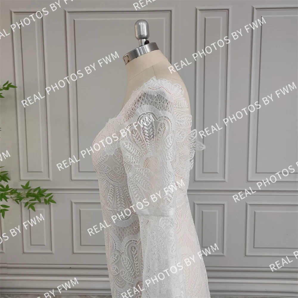 100% Real Photos High Quality Boho Flare Sleeves Lace Wedding Dress For Bride Woman Open Back Bridal Gown With Train Custom Made