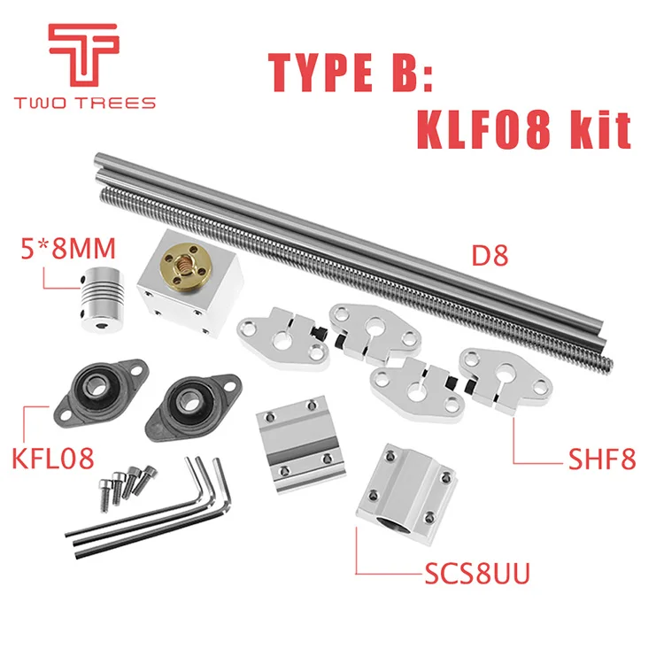3D Printer Parts T8 Lead Screw 200/300/400/500mm Optical Axis KP08 KFL08 SCS8UU Coupling 5 * 8MM Bearing Mounting