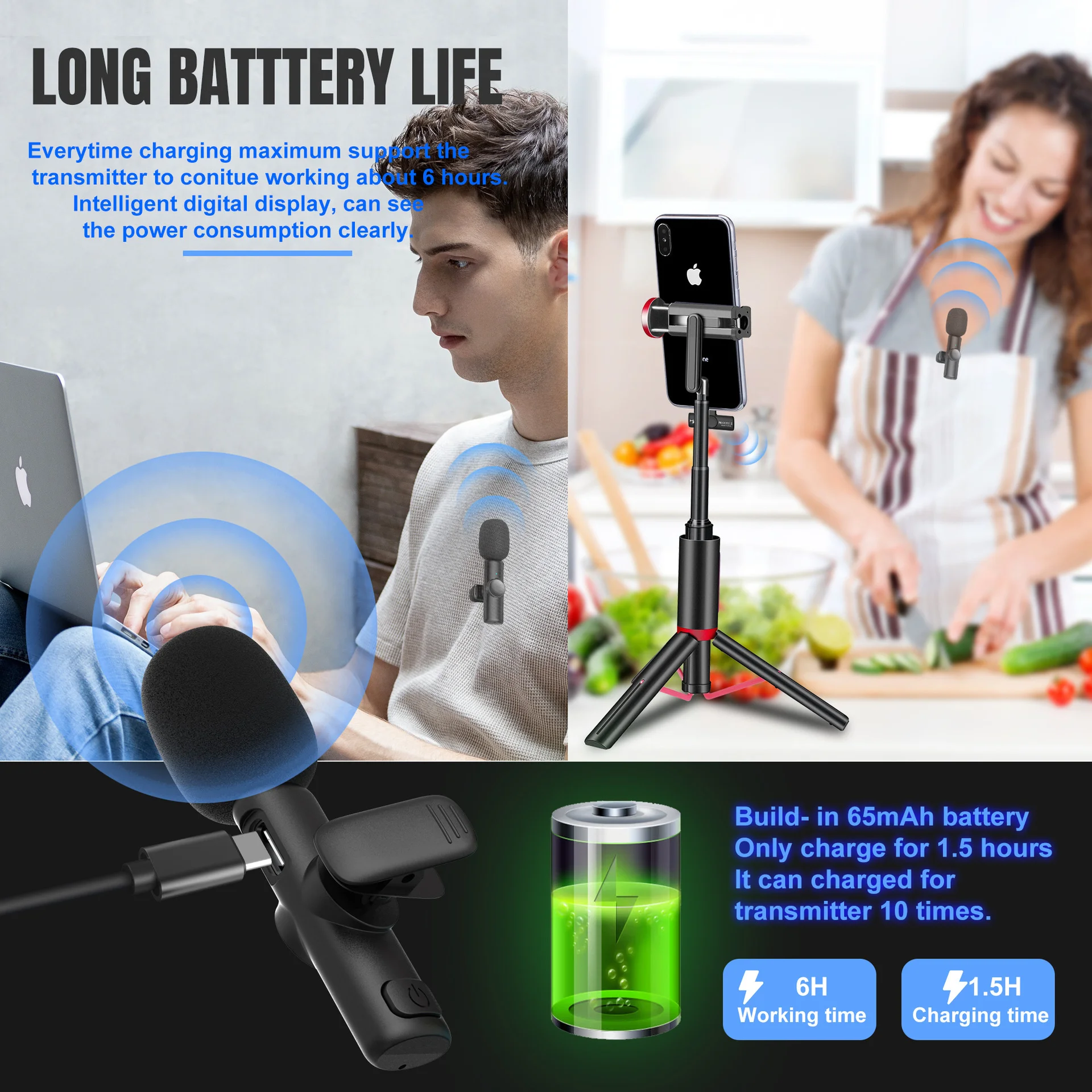 2.4G Wireless Microphone Noise Reduction Mini Mic Lavalier Microphones Use for Phones Live Gaming Vlog