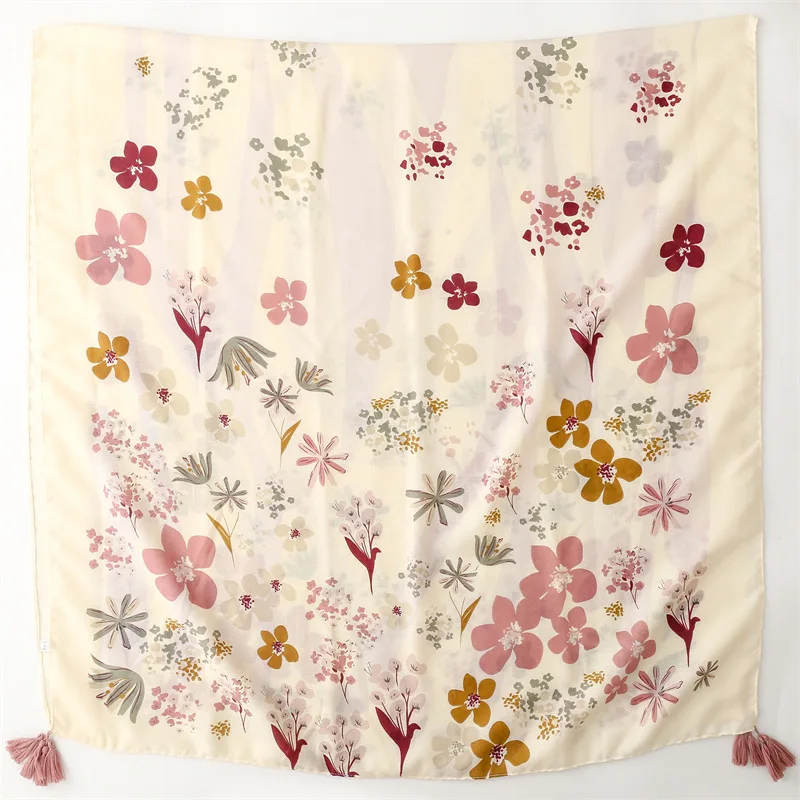 High Quality New Beige Flower Printed Cotton Scarves For Ladies Floral Pattern Cotton Head Wrap Beach Shawls Hijabs With Tassels