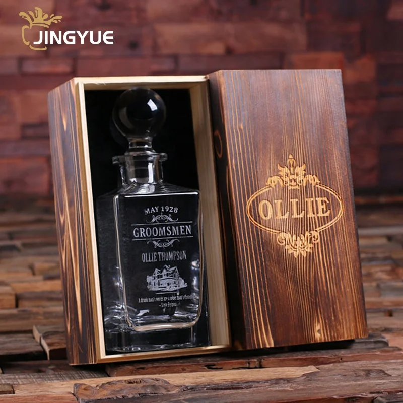 Wholesale Customized Logo Personalized Glass Whiskey Decanter Bottle with Wood Gift Box for Alcohol Liquor Brandy Vodka Whisky