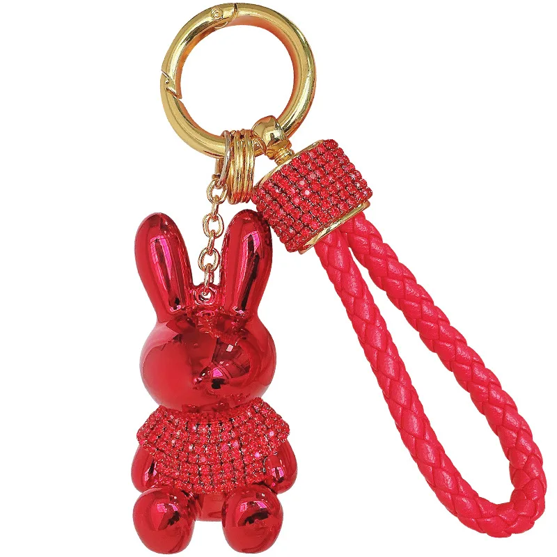 Luxury 3D Cartoon rhinestone Rabbit Crystal stone Key Chains Leather Wristlet Lanyards Bear Keychain Custom Bag pendants