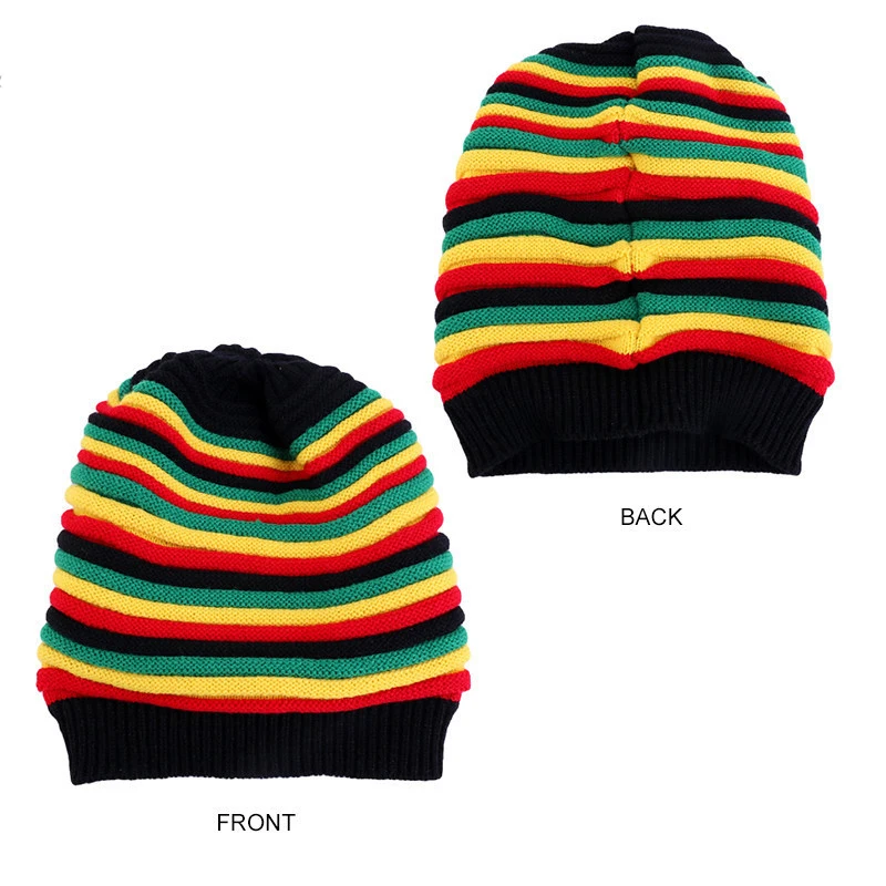 Custom Hip Hop Reggae Rainbow Striped Unisex Crochet Knitted Slouchy Baggie Jamaican Rasta Beanie Hat