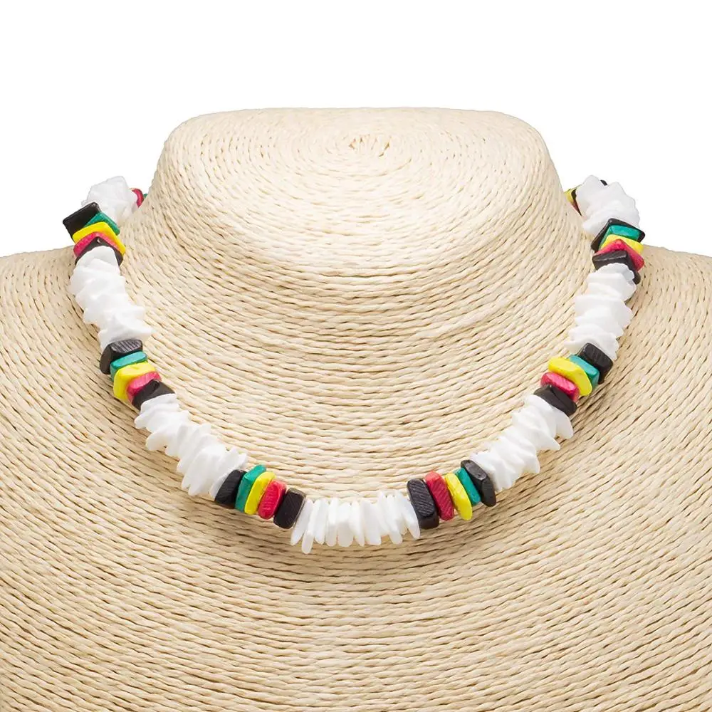 Genuine natural Clam Chip Shell Beads Necklace Rasta Dyed Coco Wood Necklaces choker