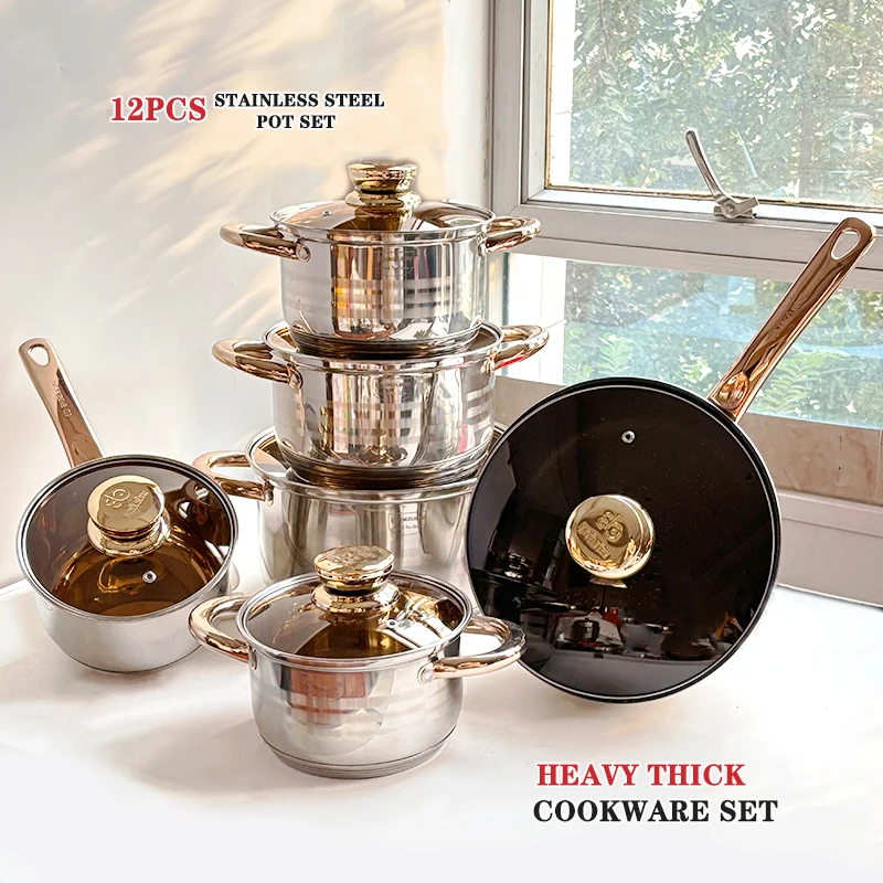 kitchenware Manufacturer German 12pcs Stainless Steel Cookware Set Induction Stock pot Nonstick Fry Pan Cooking Pots
