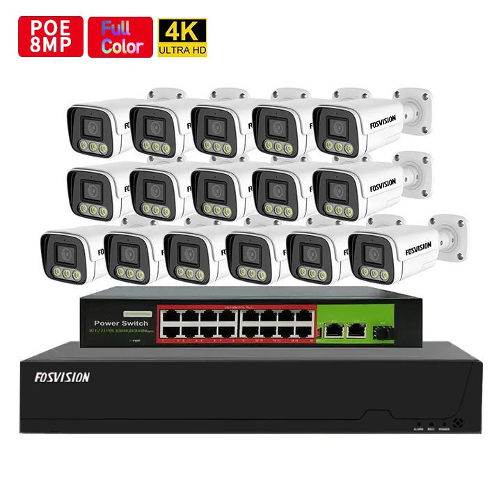 fosvision 265 16ch  POE NVR KIT 4K 8MP outdoor Waterproof bullet IP Camera CCTV Surveillance systems home security