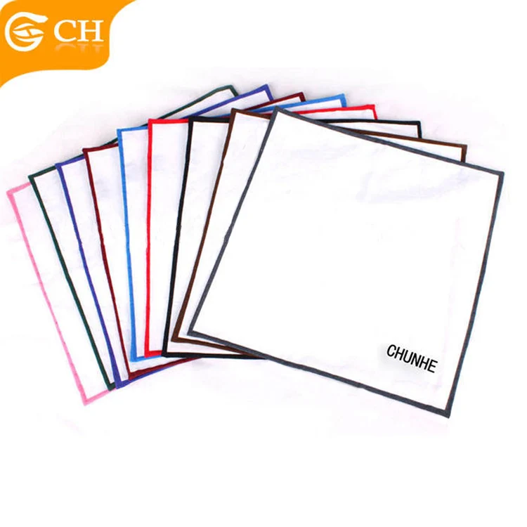 Factory Directly 100% Cotton Handmade Hemming Plain White Handkerchief With Colorful Edge Cotton Pocket Squares