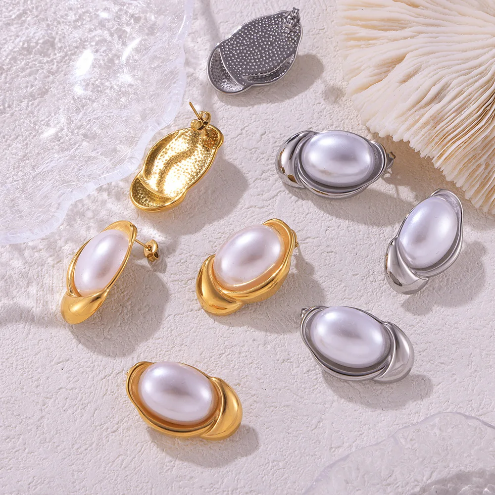 Chic Geometric Gold Ingot Shaped Stud Earrings Stainless Steel 18k Gold Plated Pearl Fashion Daily Wear Earrings For Women Gifts