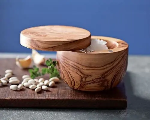 Olive-Wood Handcrafted Salt and Spice Cellar Box Kitchen Container Salt Keeper