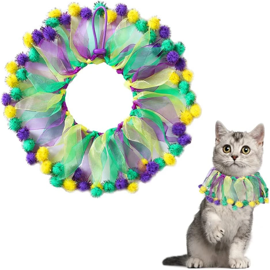 Mardi Gras Pet Neck Accessories Adjustable Cat Collar PomPom Ball  Holiday Costume Scarf Collars for Animals Parties Cosplay
